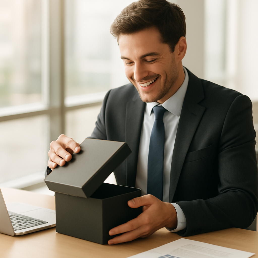 A professional happily opening a premium corporate gift box at their desk